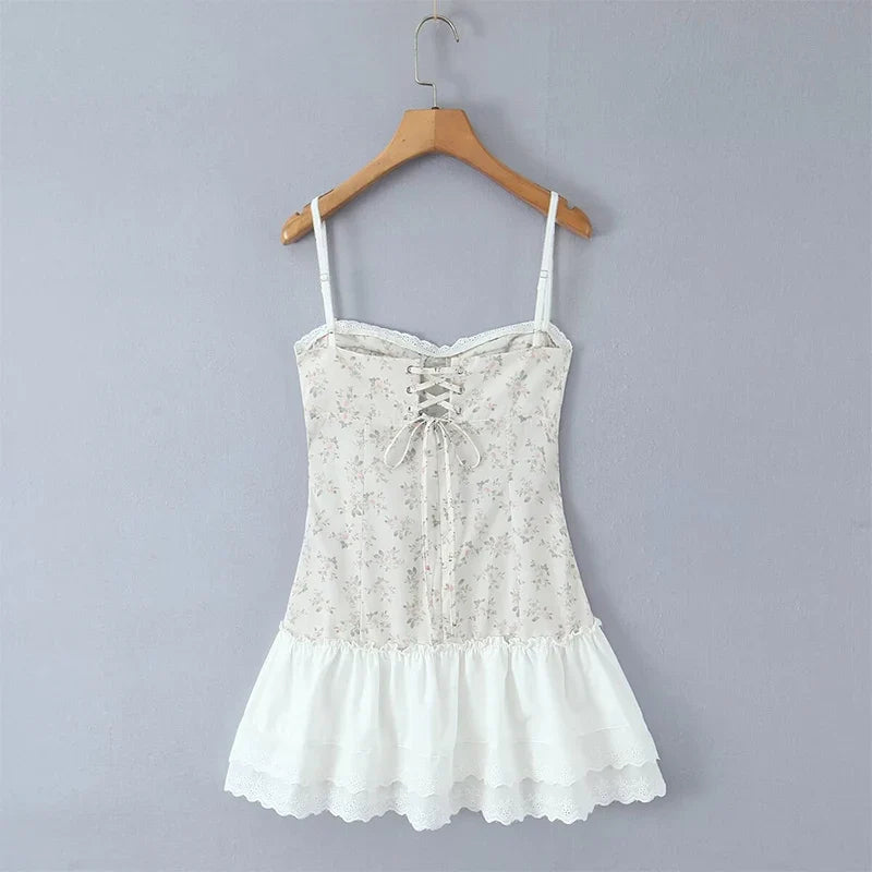 Sexy Sling Summer Dresses White Patchwork Floral Print Dresses