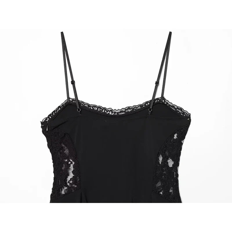 Summer Black Sling Short Dresses Lace Trim Asymmetric Hem Casual Sexy Vestidos