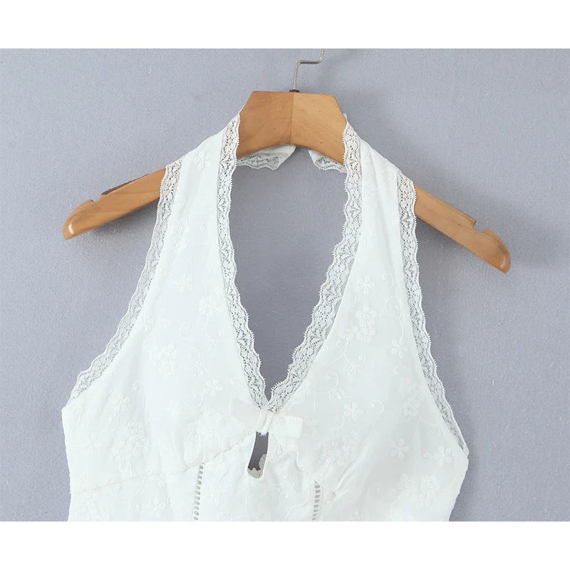 Sweet Girl Floral Embroidery White Halter Mini Dresses