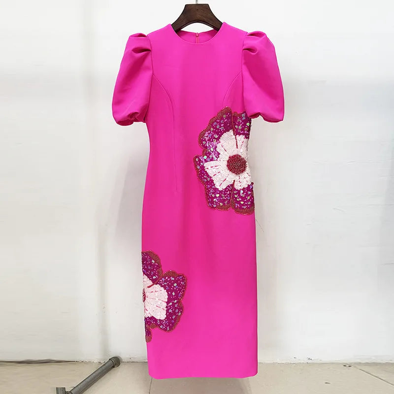 summer clothing round neck short sleeves embroidery pullover slim mid calf Dresses