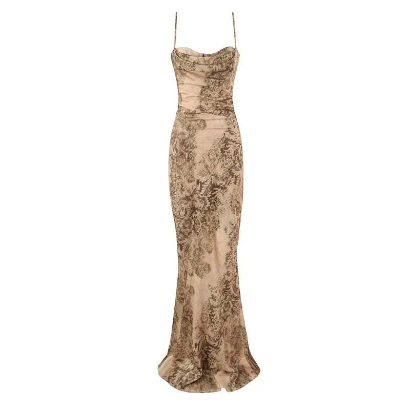 Floral Print Satin Sexy Sling Long Mermaid Dresses Slim Fit Package Hip Elegant Evening Party Maxi Dresses