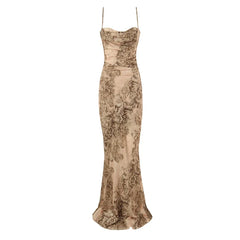 Floral Print Satin Sexy Sling Long Mermaid Dresses Slim Fit Package Hip Elegant Evening Party Maxi Dresses