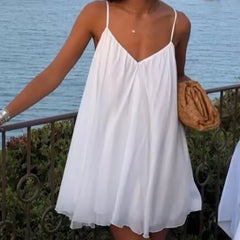 Sexy Backless White Sling Mini Dresses V Neck Back Zipper Loose Summer Short Dresses Holiday Beach Robe