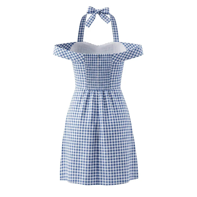 French Retro Slim Fit Halter Plaid Dresses