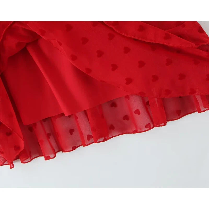 Spaghetti Straps Red Mini Dresses For Sleeveless V Neck Hem Ruffle A-line Holiday Summer Dresses