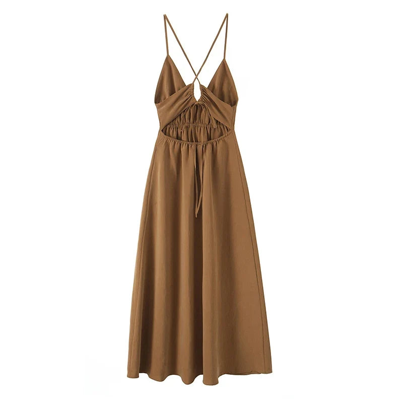 Sexy Spaghetti Straps Backless Flowy Midi Dresses