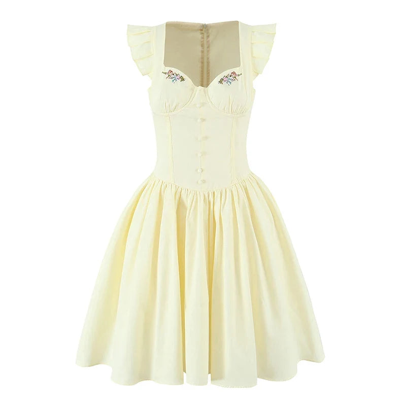 Floral Embroidery White Yellow Mini Dresses