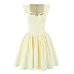 Floral Embroidery White Yellow Mini Dresses