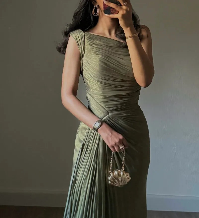 Summer Sleeveless High Waist Pleated Ribbon Sparkling Evening Dresses