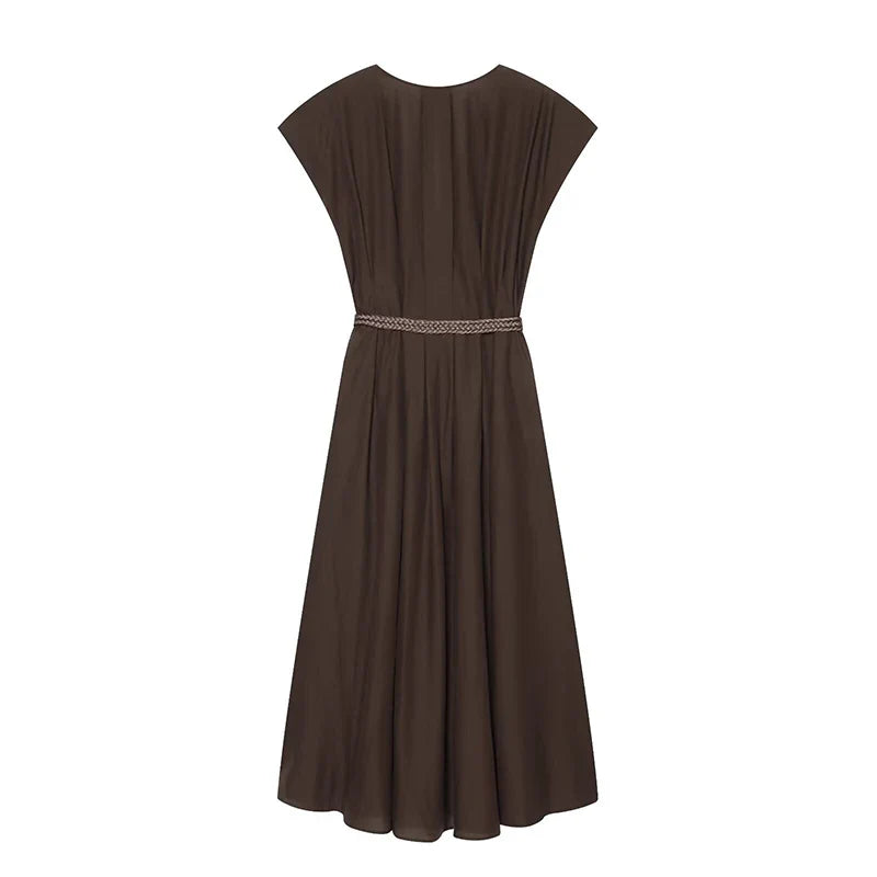 Short Sleeve V Neck With Belt Midi Dresses