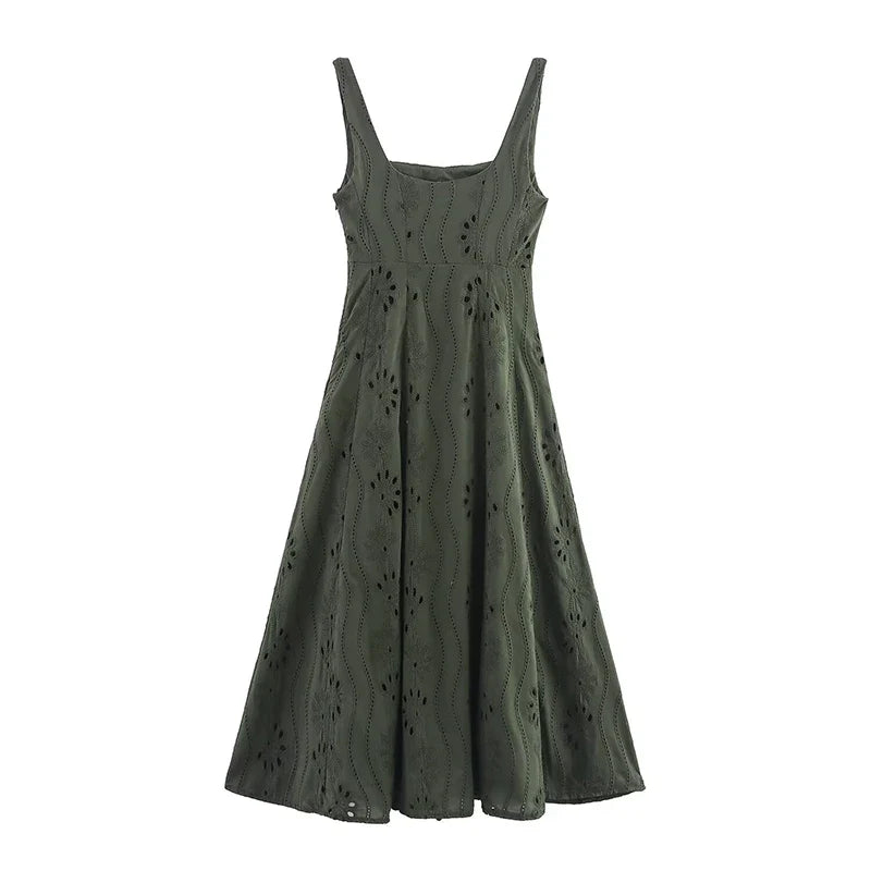 Summer Hollow Out Embroidery Midi Dresses Round Neck Wide Straps A-line Holiday Casual Dresses