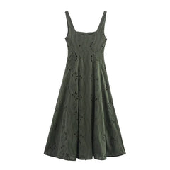 Summer Hollow Out Embroidery Midi Dresses Round Neck Wide Straps A-line Holiday Casual Dresses