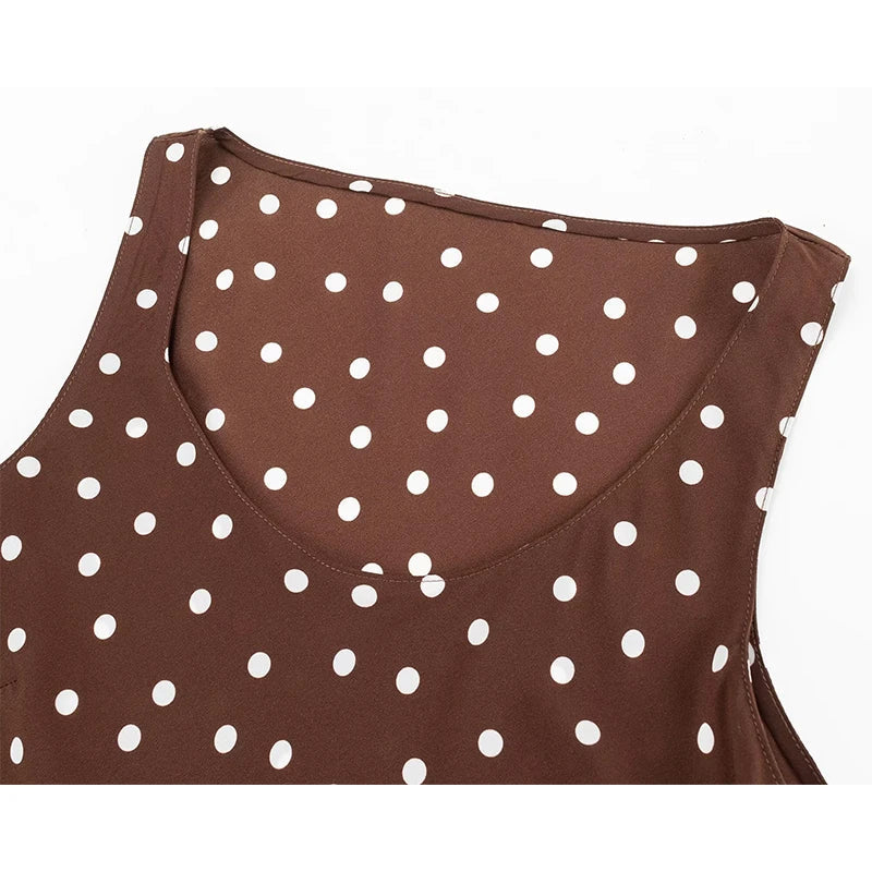 Brown Polka Dot Sleeveless Midi Dresses