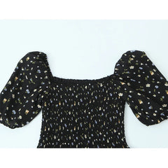 Black Floral Print Square Neck Puff Sleeve A-line Midi Dresses Sexy Slit Casual Summer Vacation Vestidos