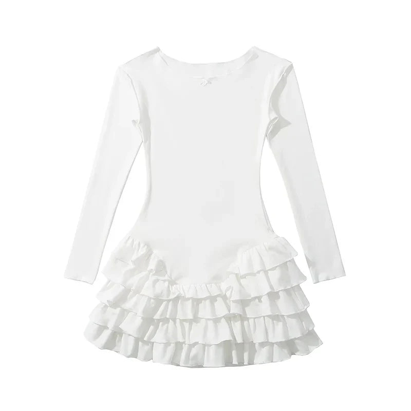 Y2k Long Sleeve O Neck Ruffle Dresses Spring Basics Vestidos Mujer Spicy Girl Style Sexy Mini Dress