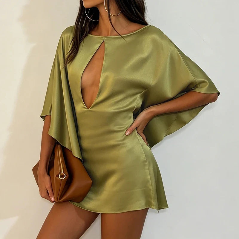 Satin Batwing Sleeve Slim Short Dresses