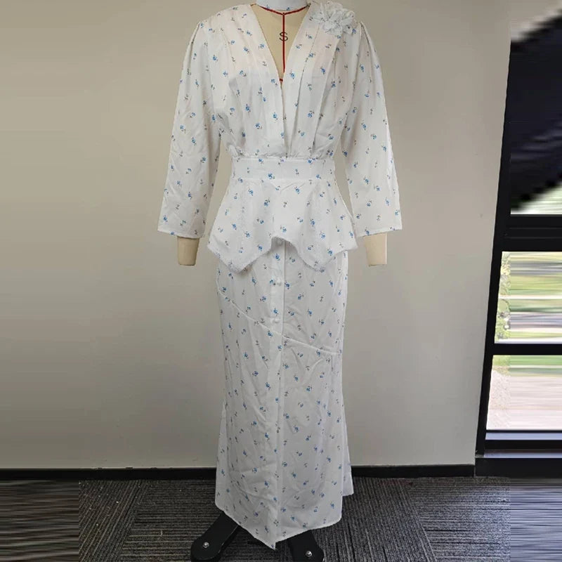 Temperament V-neck Puff Sleeve Printed Dresses