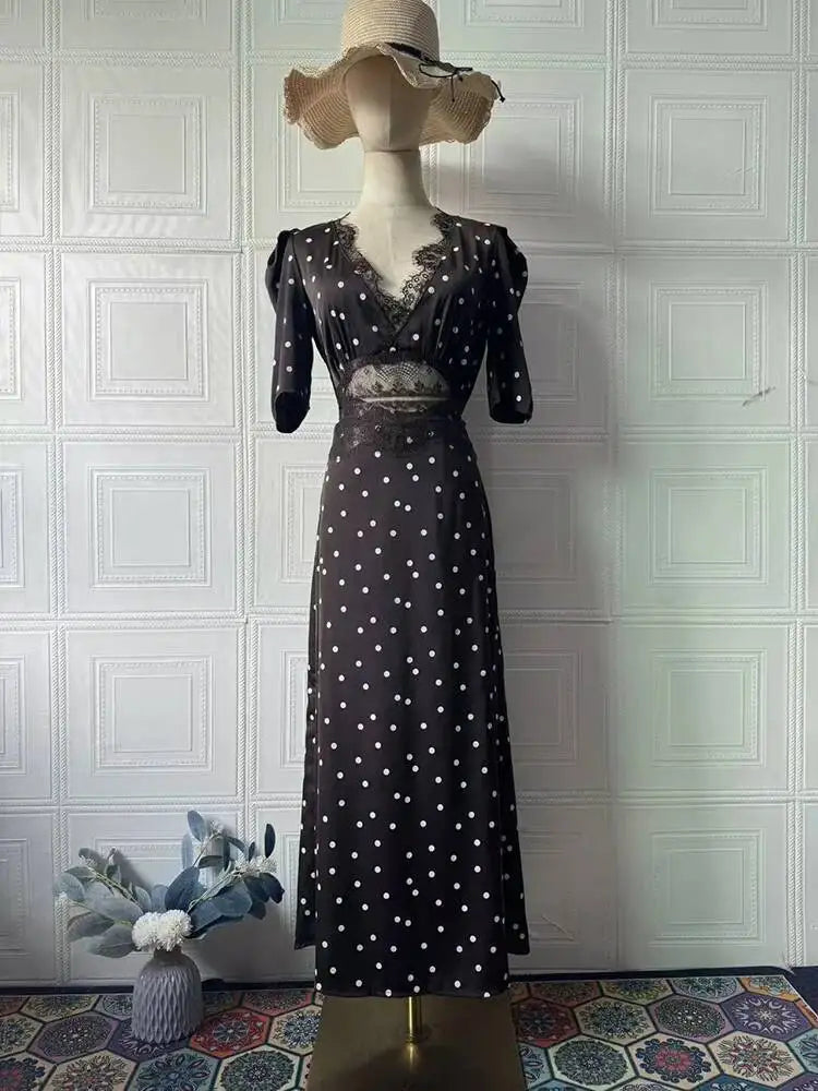 Retro Polka Dot V-neck Bubble Sleeve Hollow Waist Dresses