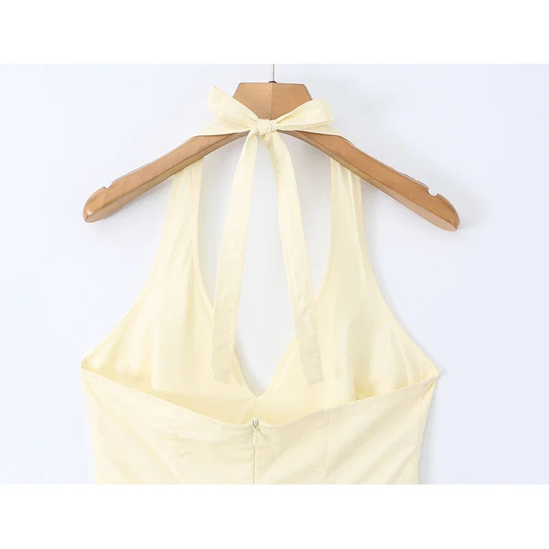 Sexy Backless Halter Yellow Midi Long Dresses