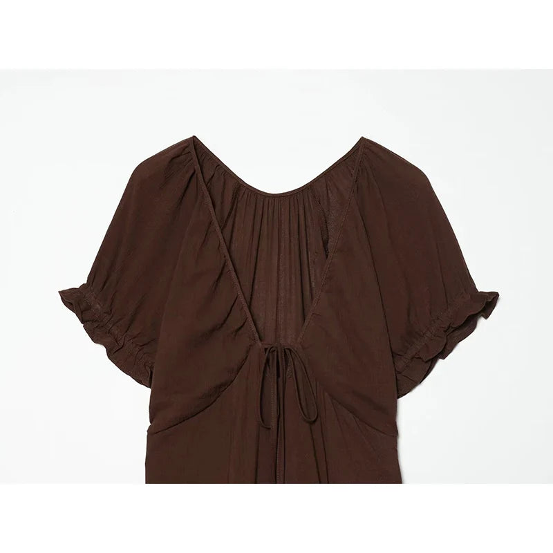 Brown V Neck Short Sleeve Dresses