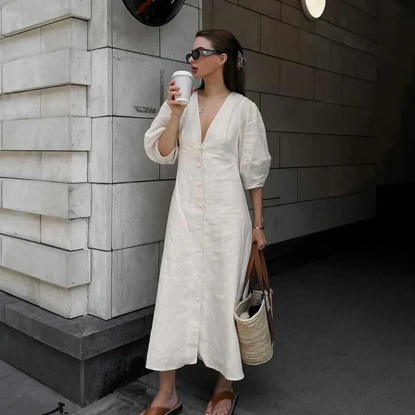 V-neck Bubble Sleeve A-line Dresses