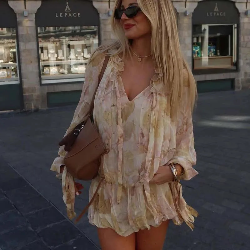 Spring Floral Print Short Dresses Lace Up Ruffle O Neck Long Sleeve Holiday Summer Dresses