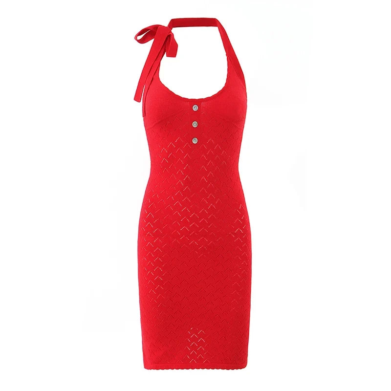 Summer Fit Slim Backless Halter Red Knit Dresses Bodycon Mini Sexy Dress