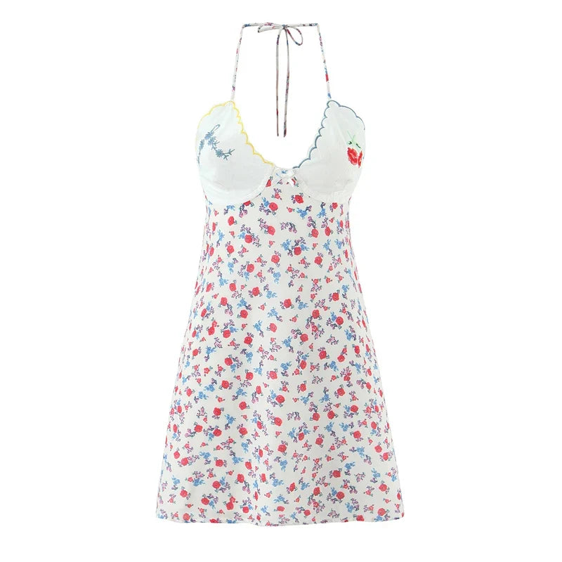 Sexy Backless Floral Print Halter Mini Dresses