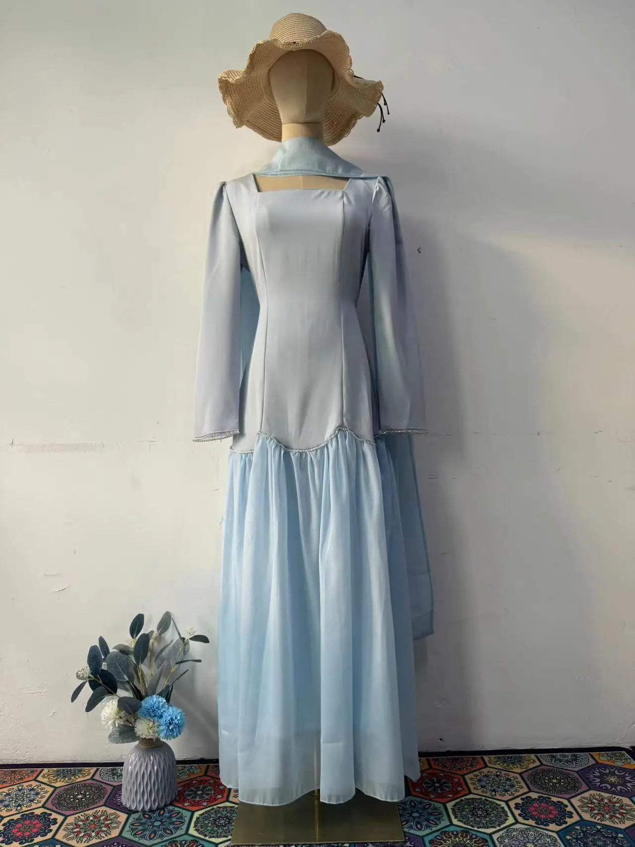 Autumn Square Collar Handmade Diamond Ribbon Long Sleeve Slimming Dresses