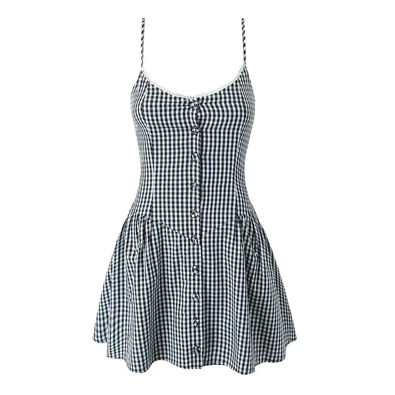 Summer Front Button Plaid Sling Mini Dresses