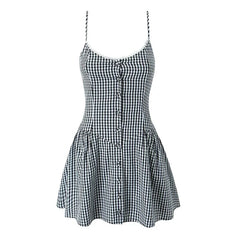 Summer Front Button Plaid Sling Mini Dresses