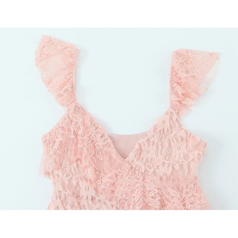Asymmetrical Hem Pink Ruffle Lace Dresses