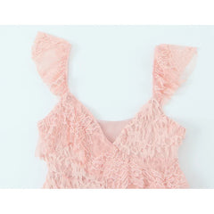 Asymmetrical Hem Pink Ruffle Lace Dresses