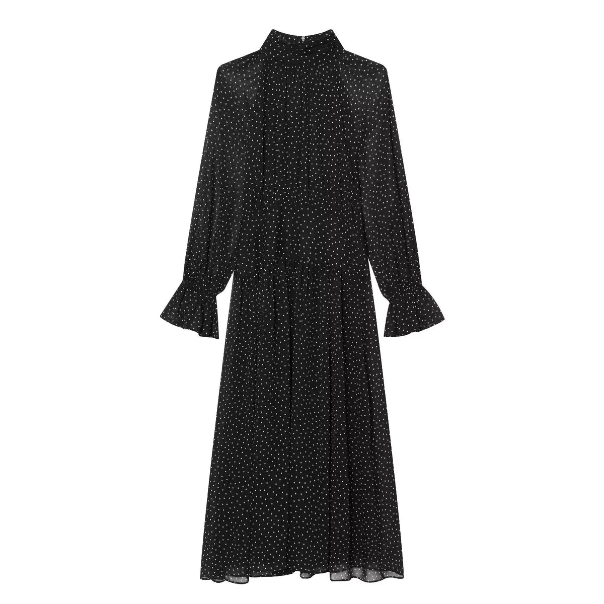 French Style Polka Dot High Neck Pleated Chiffon Dresses
