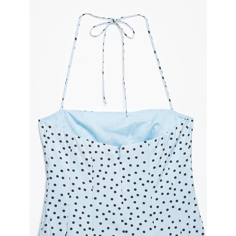 Light Blue Polka Dot Halter Midi Dresses