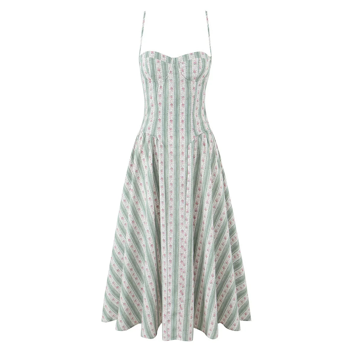 Green Striped Floral Print Sexy Spaghetti Straps Dresses Elegant A-line Midi Vacation Party Dresses Summer Robe