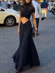 Fashionable Round Neck Patchwork Pleated Waist Exposed Navel Dresses