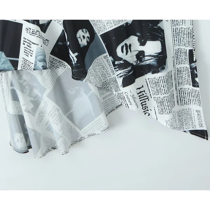 Newspaper Letter Print Irregular Hem Sling Dresses Backless Thin Straps With Chain Summer Sexy Dress