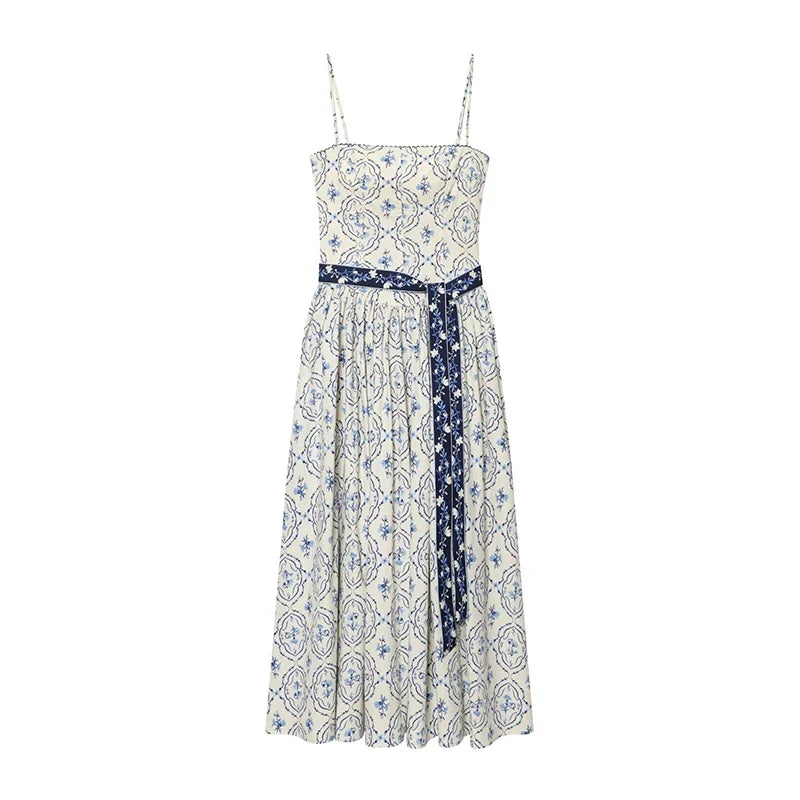 With Belt Floral Print Sexy Sling Dresses
