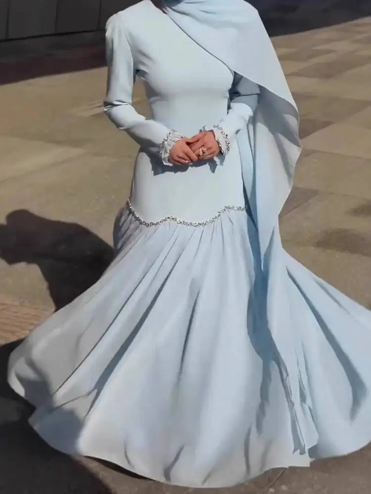 Elegant Ribbon Round Neck Long Sleeved Patchwork Diamond Studded Dresses