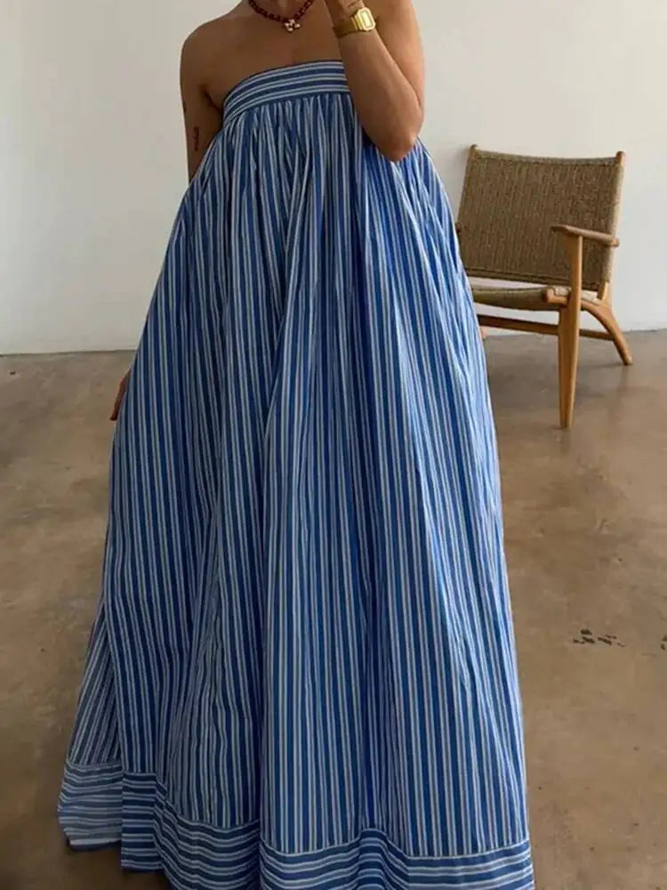 Striped Strapless Bandage Backless Dresses