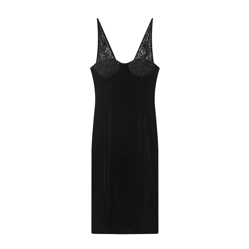 Spring Lace Patchwork V Neck Velvet Dresses