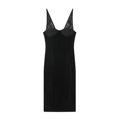 Spring Lace Patchwork V Neck Velvet Dresses