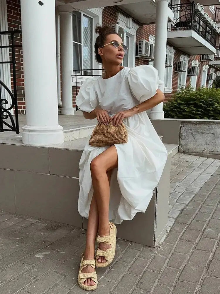 Simple Casual Round Neck Bubble Sleeve Pleated Dresses