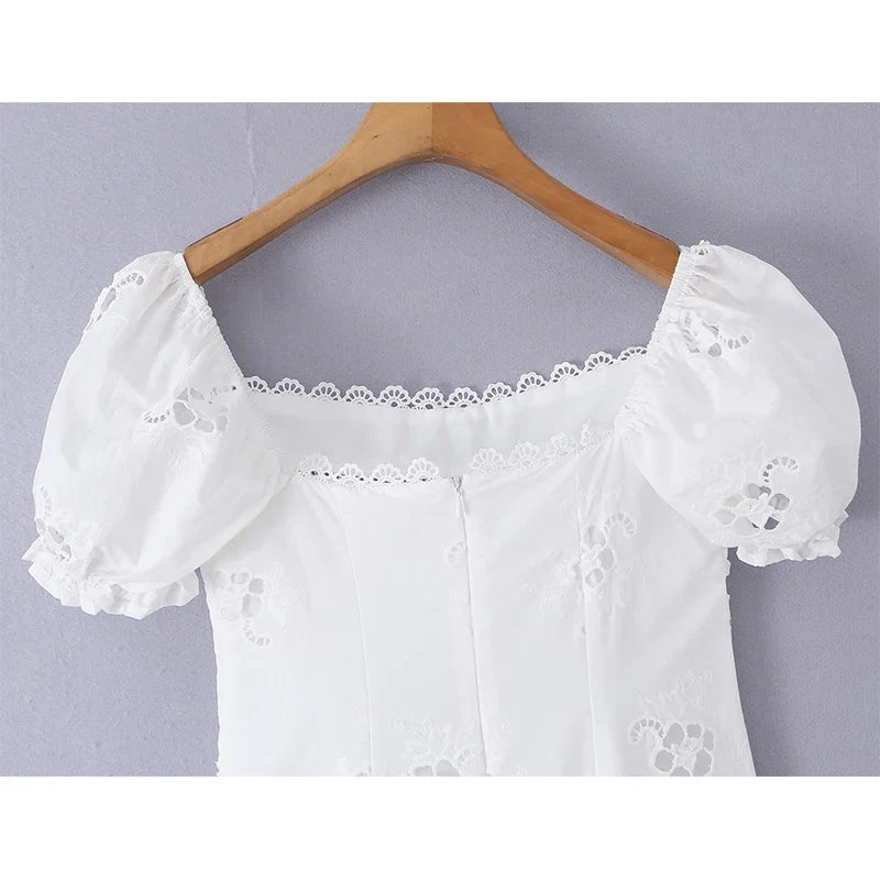 Hollow Out Embroidery White Mini Dresses