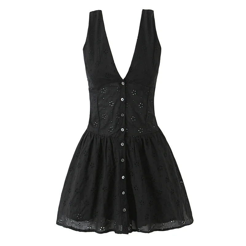 Front Button Sleeveless V Neck Floral Embroidery Black Dresses