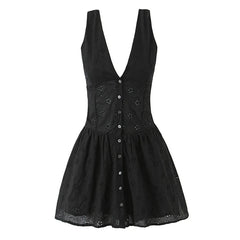 Front Button Sleeveless V Neck Floral Embroidery Black Dresses