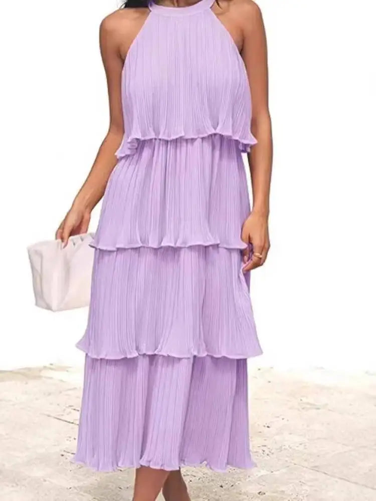 Summer Halter Neck Sleeveless Chiffon Ruffle Elegant Dresses