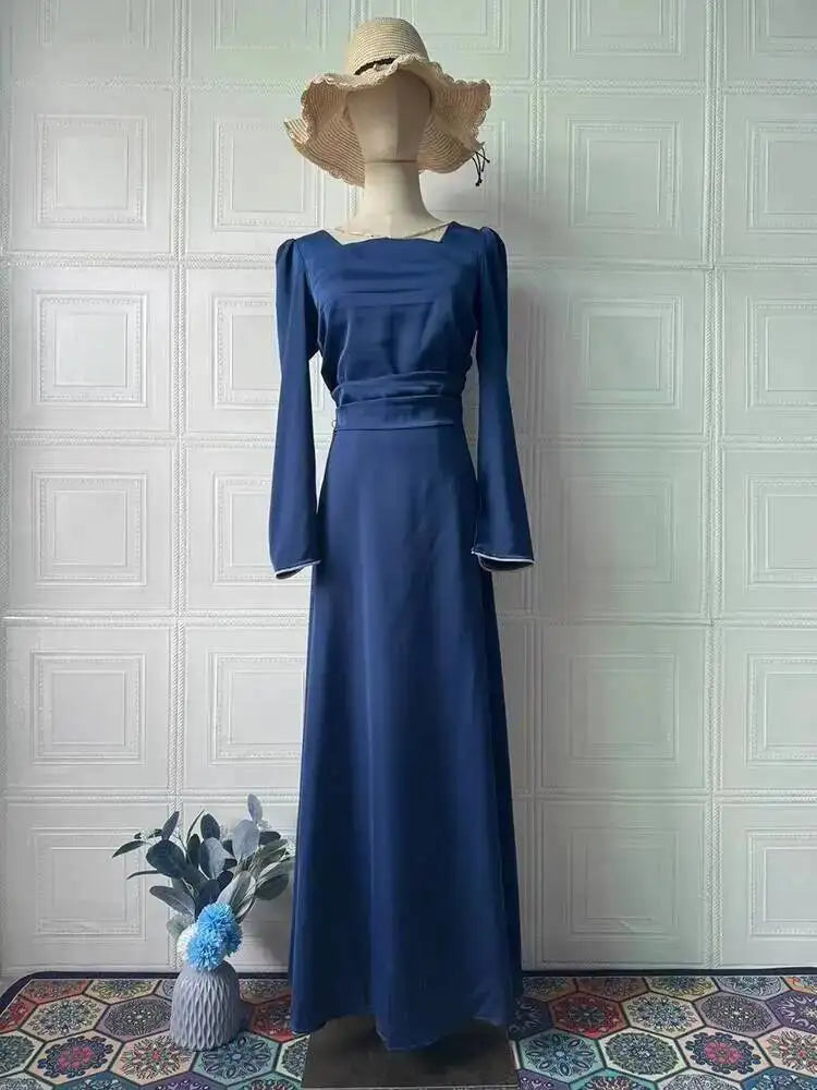 Elegant Square Collar Long Sleeved Bandage Waist Studded Diamond Dresses