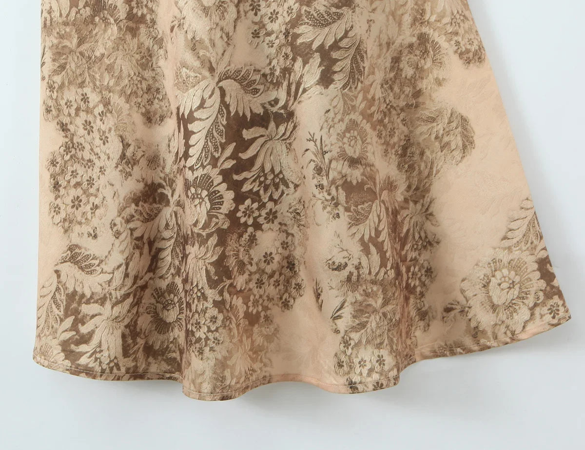 Elegant Golden Printed Satin Spaghetti Strap Maxi Dresses
